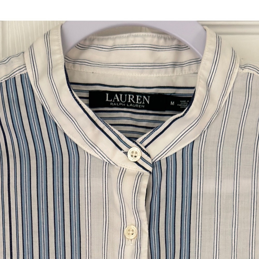 Lauren Ralph Lauren Blue White Striped Mandarin Collar Pullover Shirt M - Picture 2 of 3